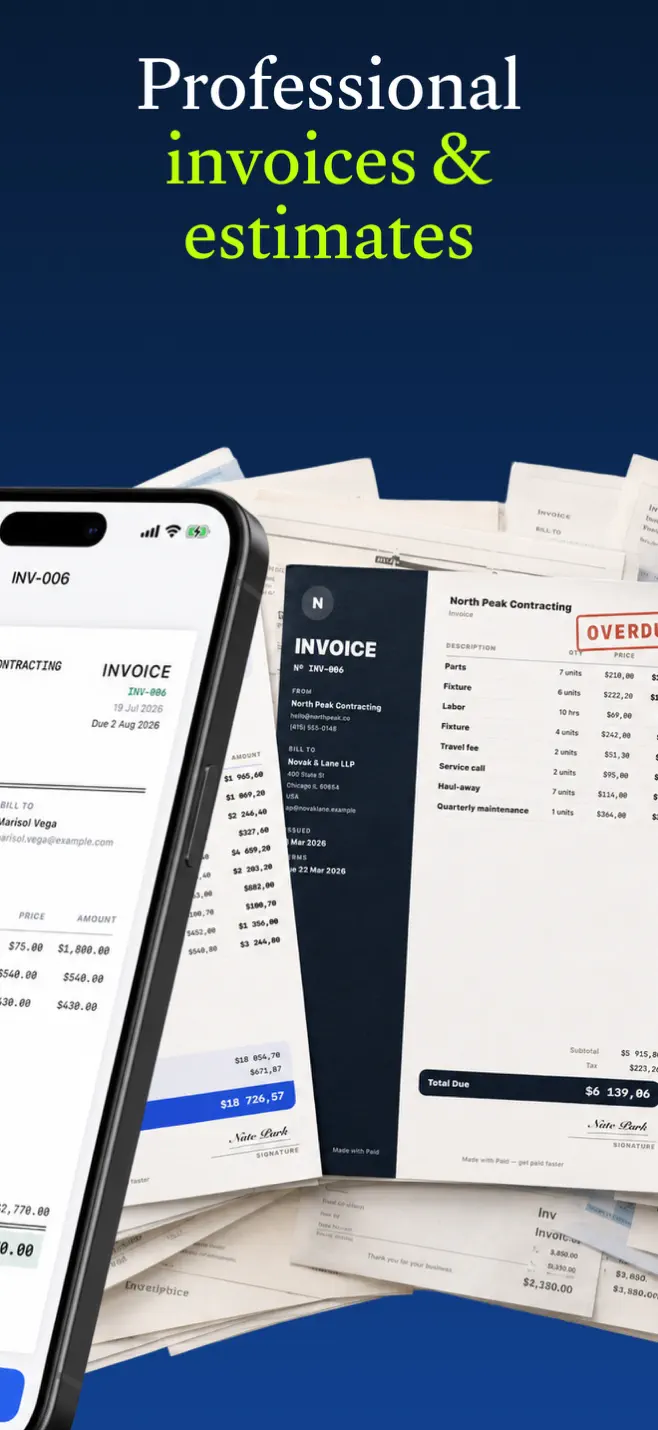 A stack of professional Paid invoice and estimate PDFs beside the app, one marked overdue.