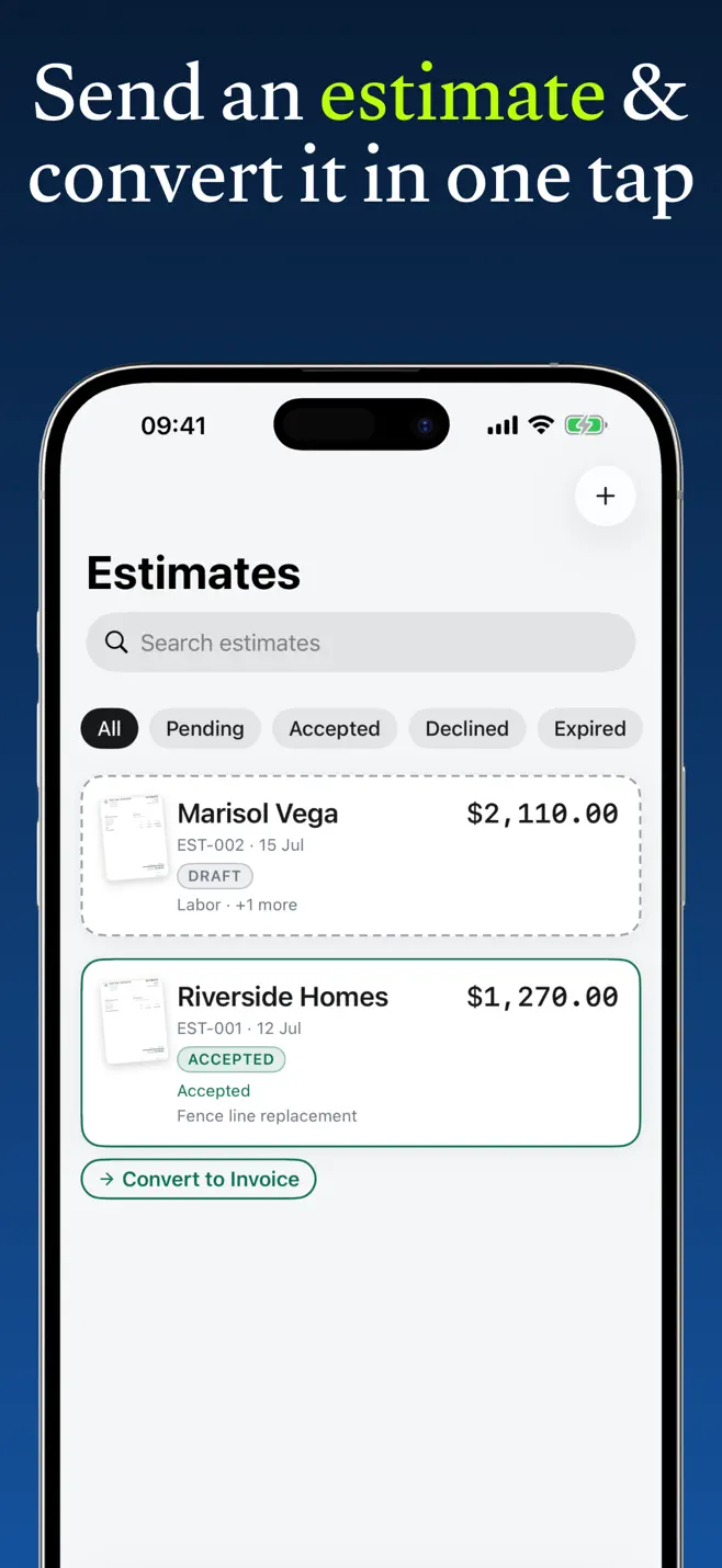 The Paid app Estimates screen with an accepted estimate and a Convert to Invoice button.